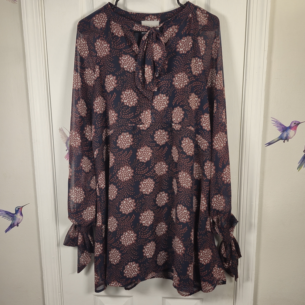 Hayden Los Angeles Floral Tie-Neck Long Sleeve Sheer Tunic Dress M Boho Cottage